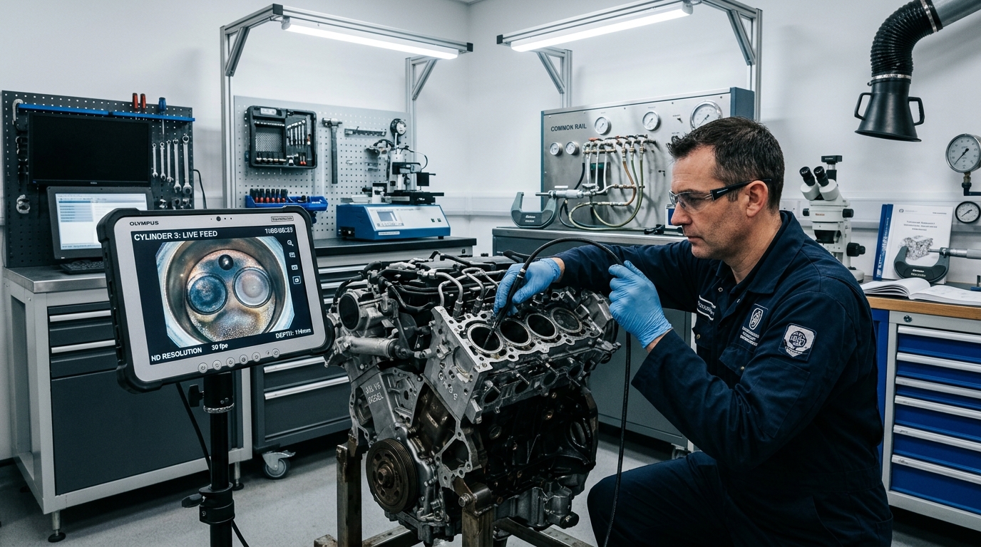 Videoispezione digitale con boroscopio ad alta risoluzione e diagnosi su motore 3.0 V6 Diesel in laboratorio specialistico.