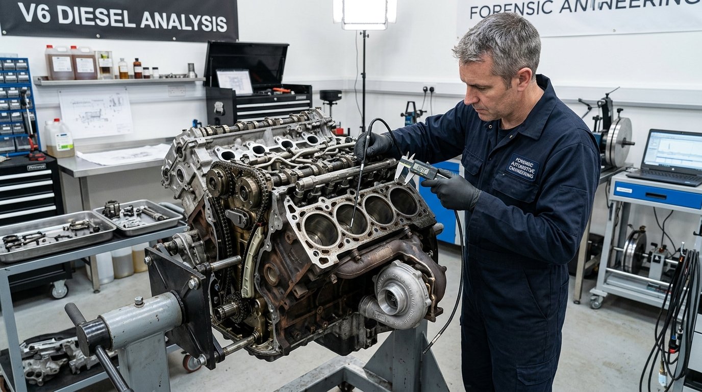 Ispezione e perizia tecnica su motore 3.0 V6 Diesel con boroscopio digitale e calibro di precisione.