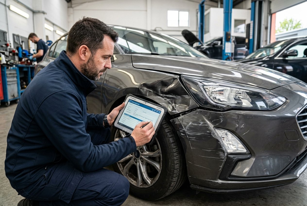 Perito assicurativo con tablet digitale durante la stima e perizia dei danni al veicolo in officina.