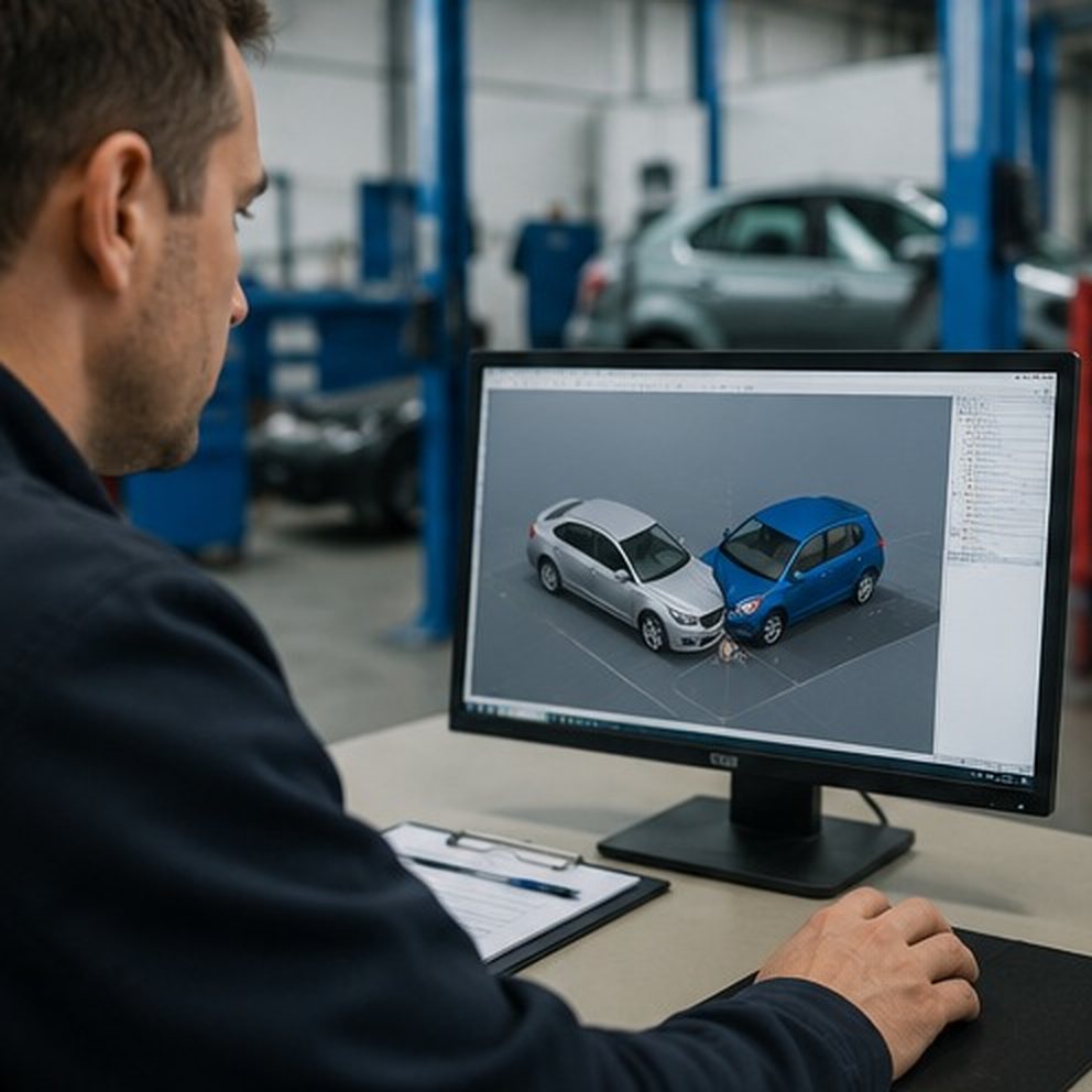 Tecnico al computer con software di ricostruzione e quantificazione tecnica del danno.